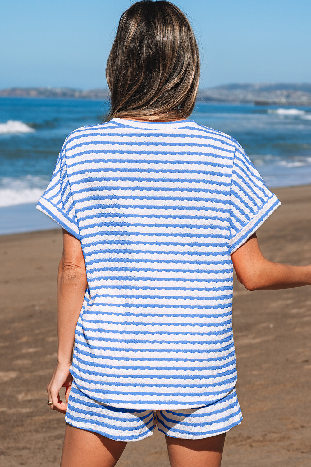 Black Stripe Knitted Short Sleeve Top and Drawstring Shorts Set