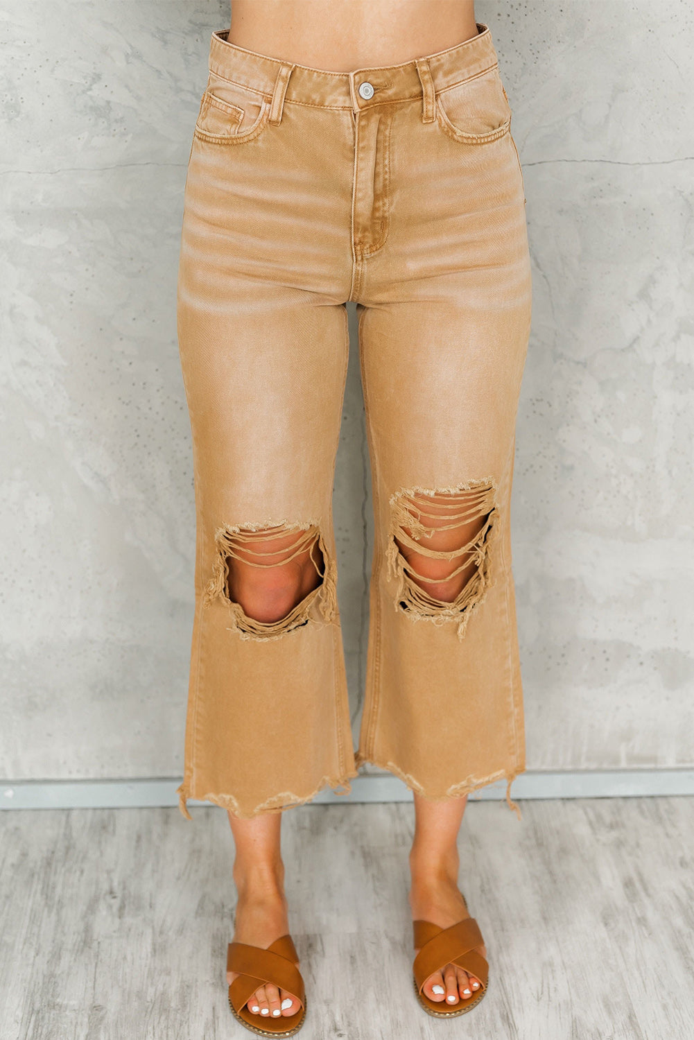 Brown Distressed High Waist Cropped Flare Jeans