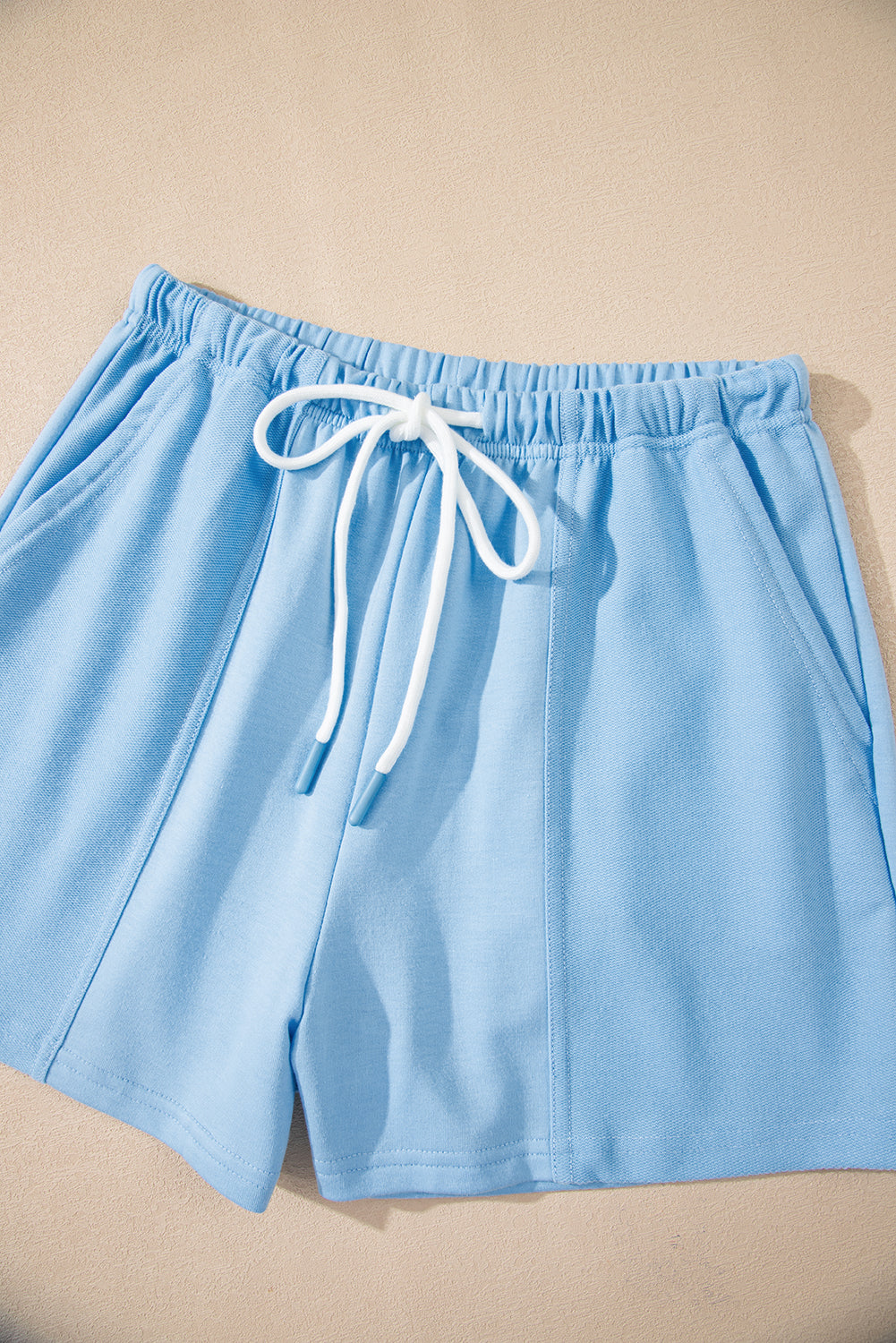 Mint Green V Neck Drop Shoulder Tee and Patchwork Drawstring Shorts Set