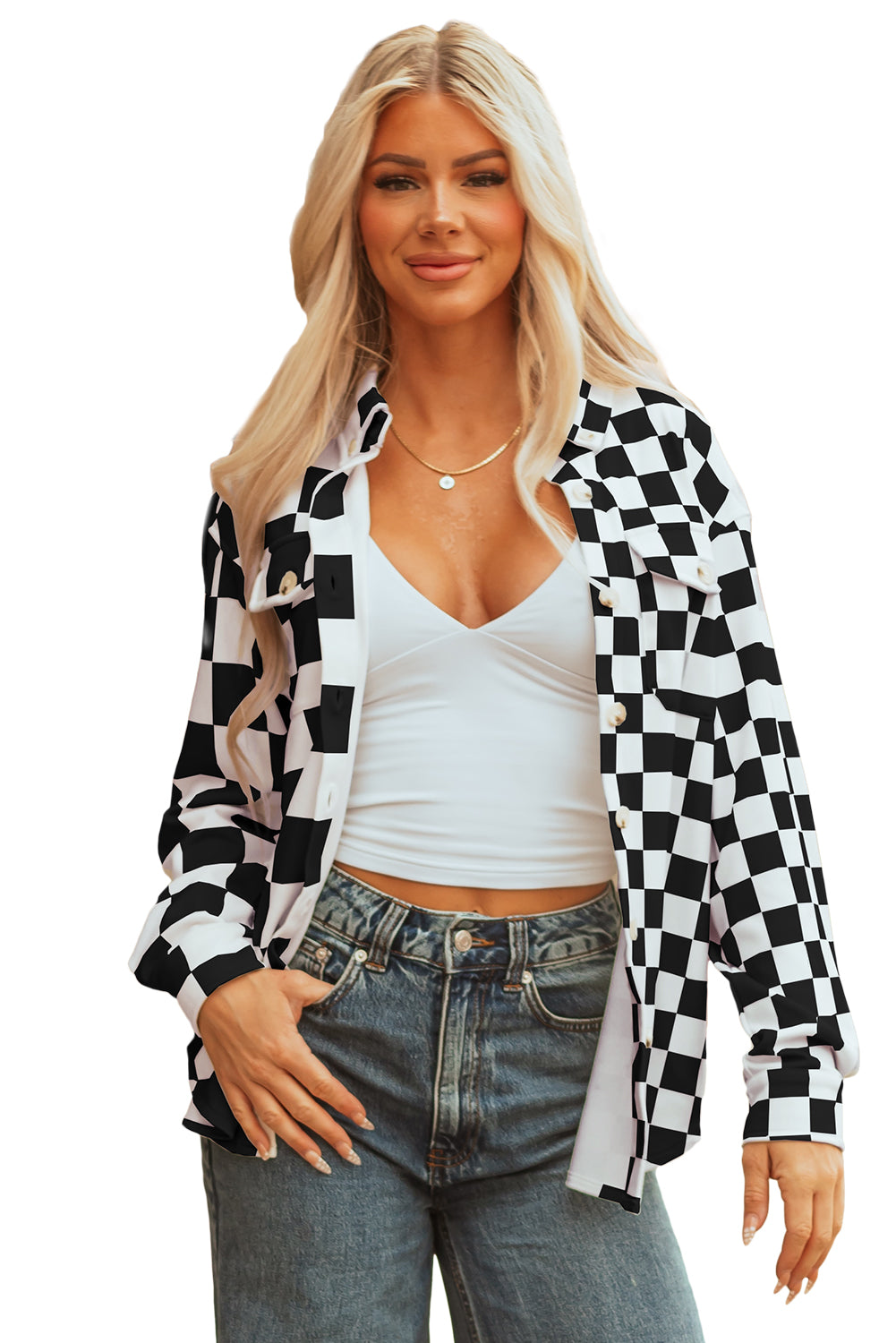 Green Checkerboard Flap Pocket Button Front Shacket