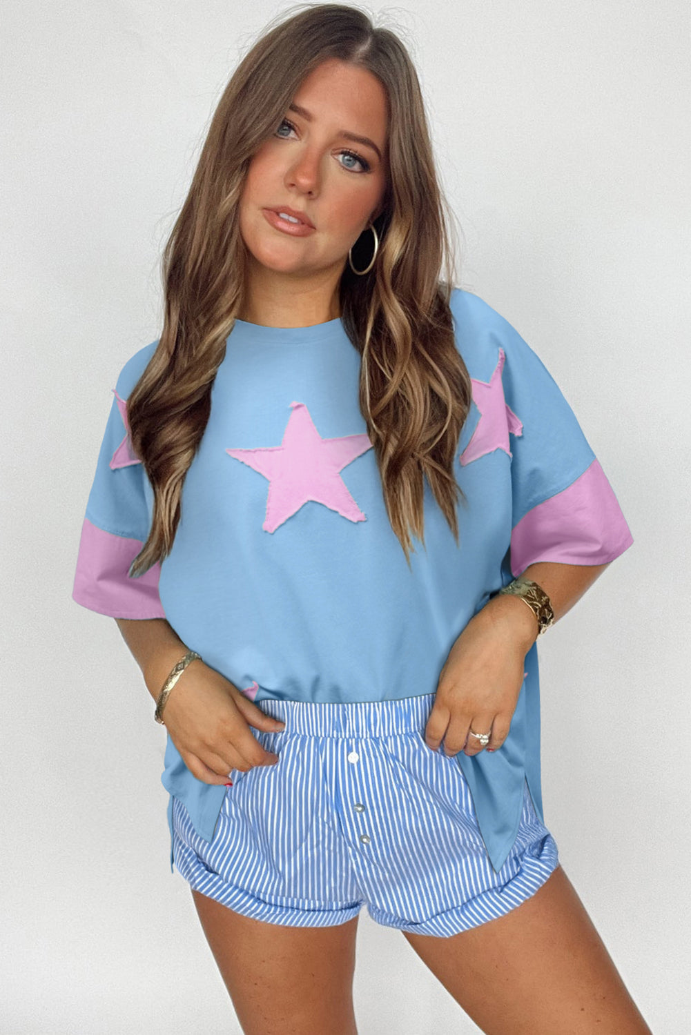 Aruba Blue Frayed Denim Star Patched Oversize T Shirt