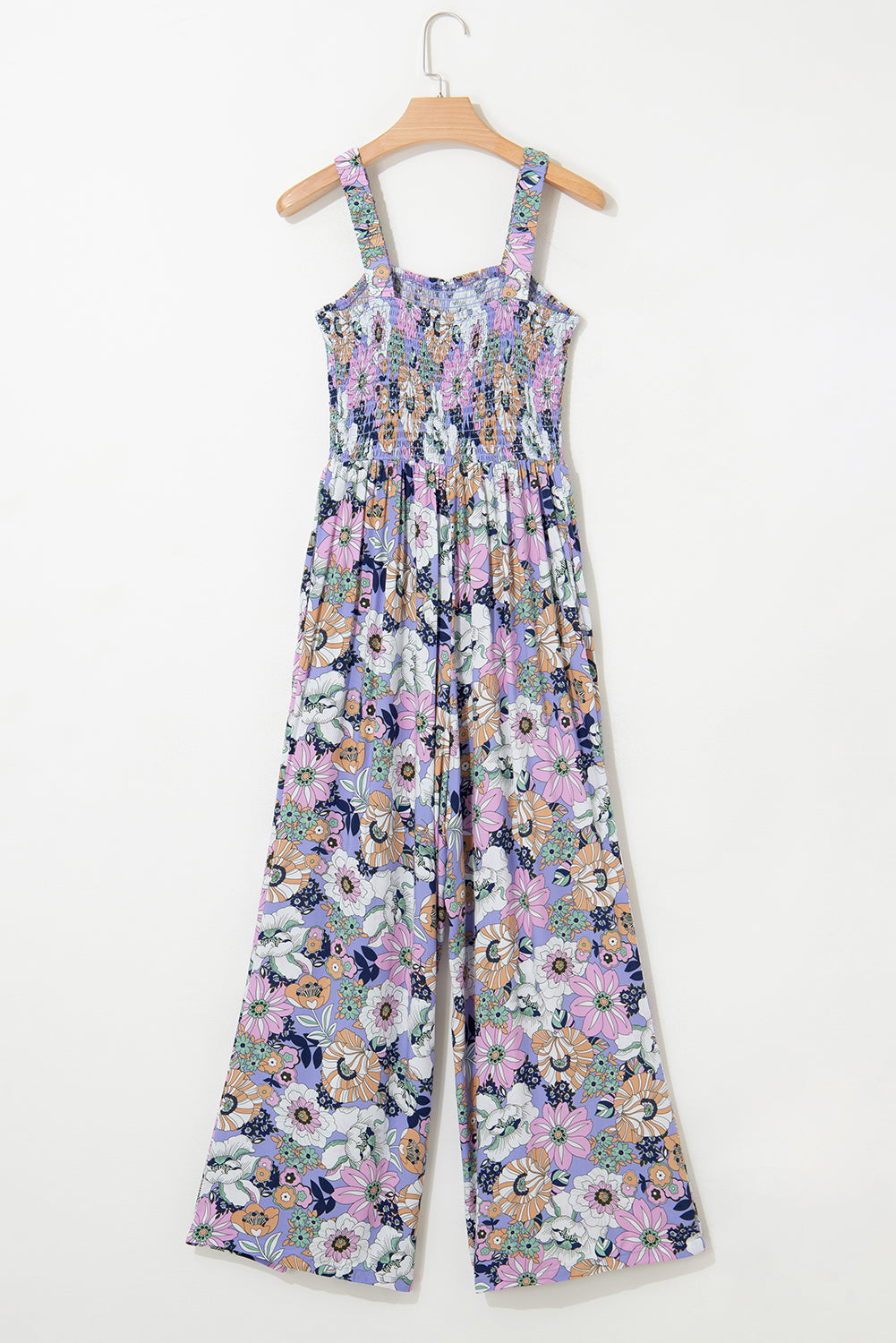 Green Floral Print Smocked High Waist Square Neck Jumpsuit