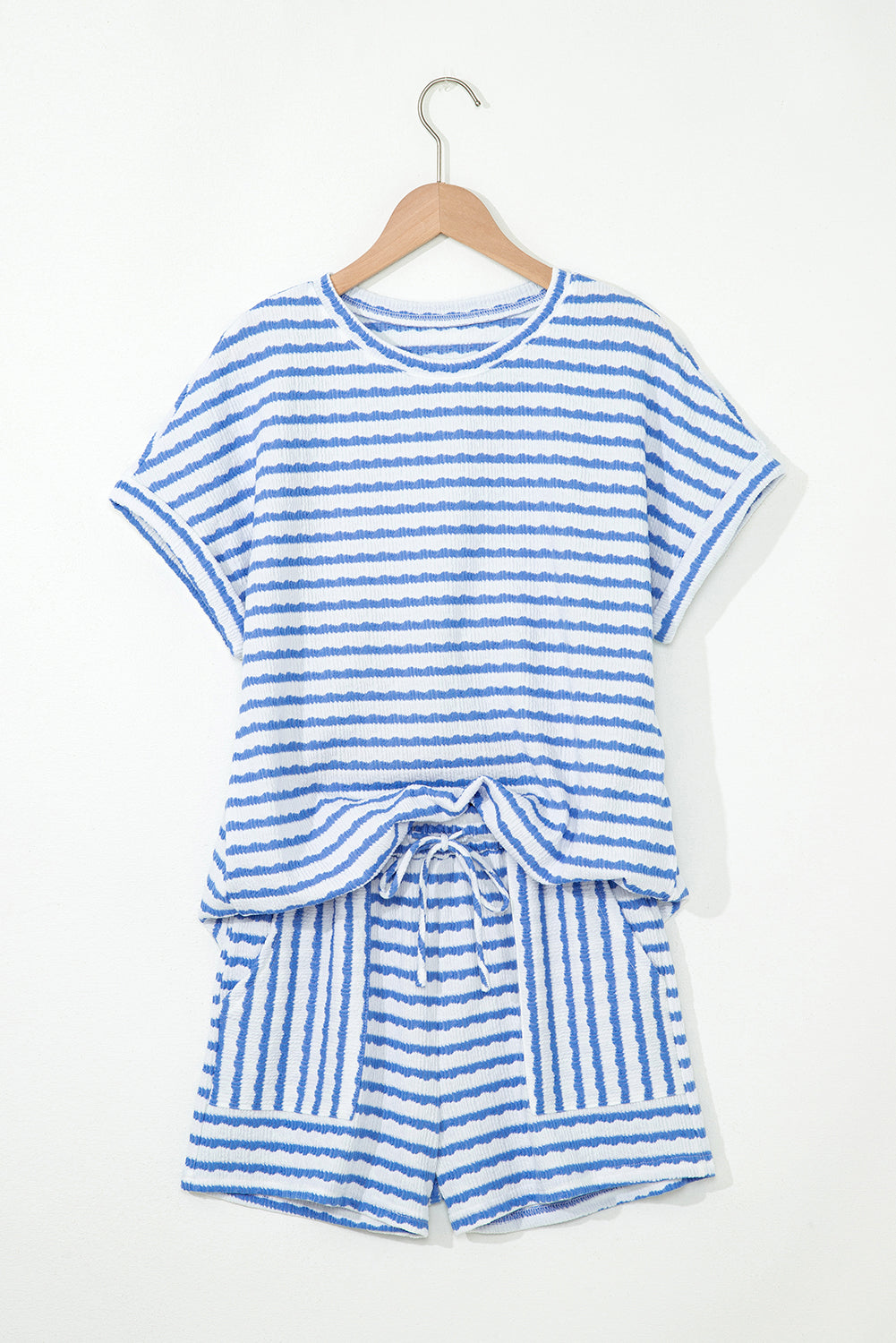 Black Stripe Knitted Short Sleeve Top and Drawstring Shorts Set