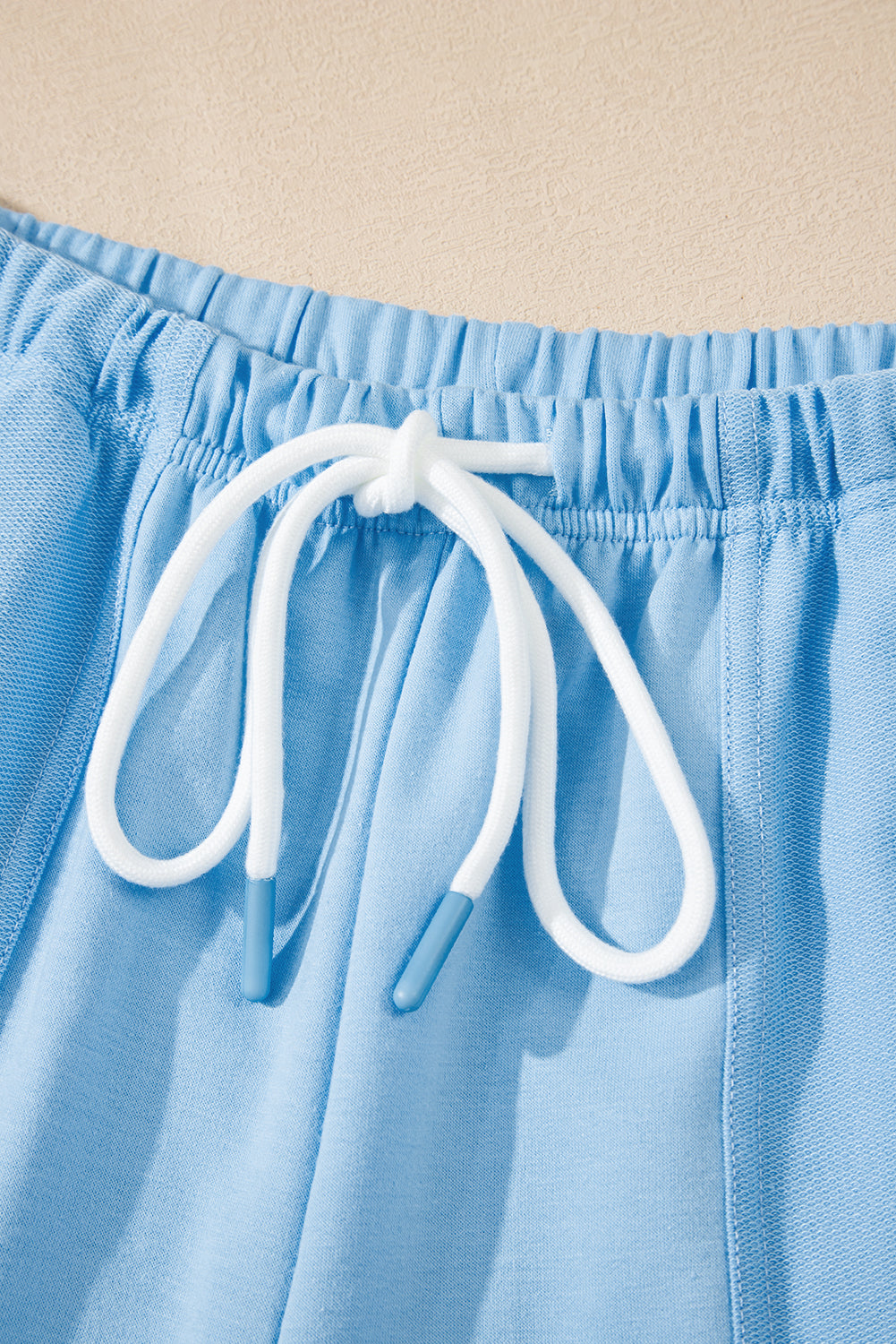 Mint Green V Neck Drop Shoulder Tee and Patchwork Drawstring Shorts Set