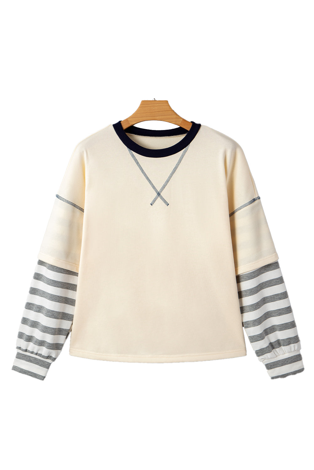 Beige Striped Patchwork Long Sleeve Round Neck Two-in-one Top