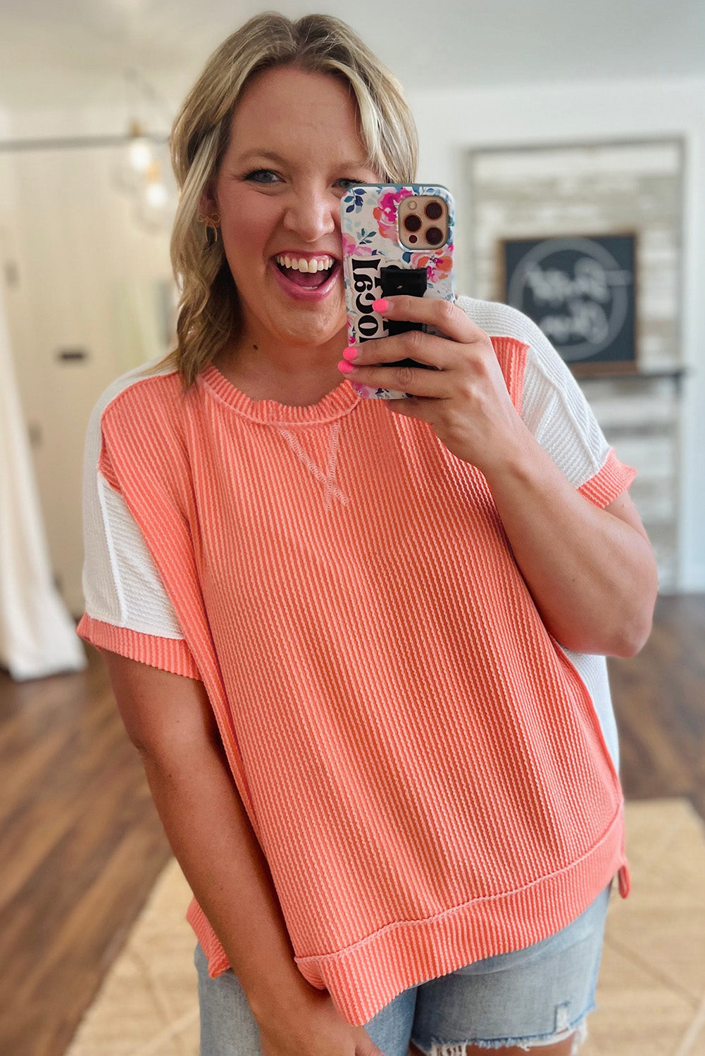 Parchment Twist Rib Colorblock Hi Low Plus Size Short Sleeve Top