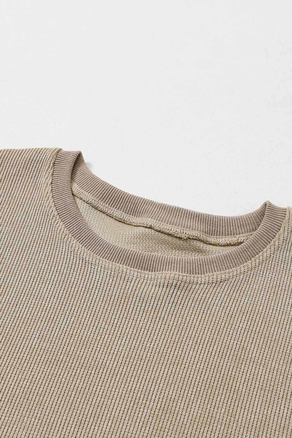 Khaki Ribbed Knit Round Neck Pullover Sweatshirt