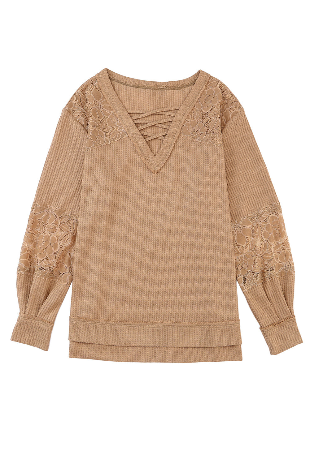 Lace Waffle Knit V Neck Long Sleeve Top-Apricot