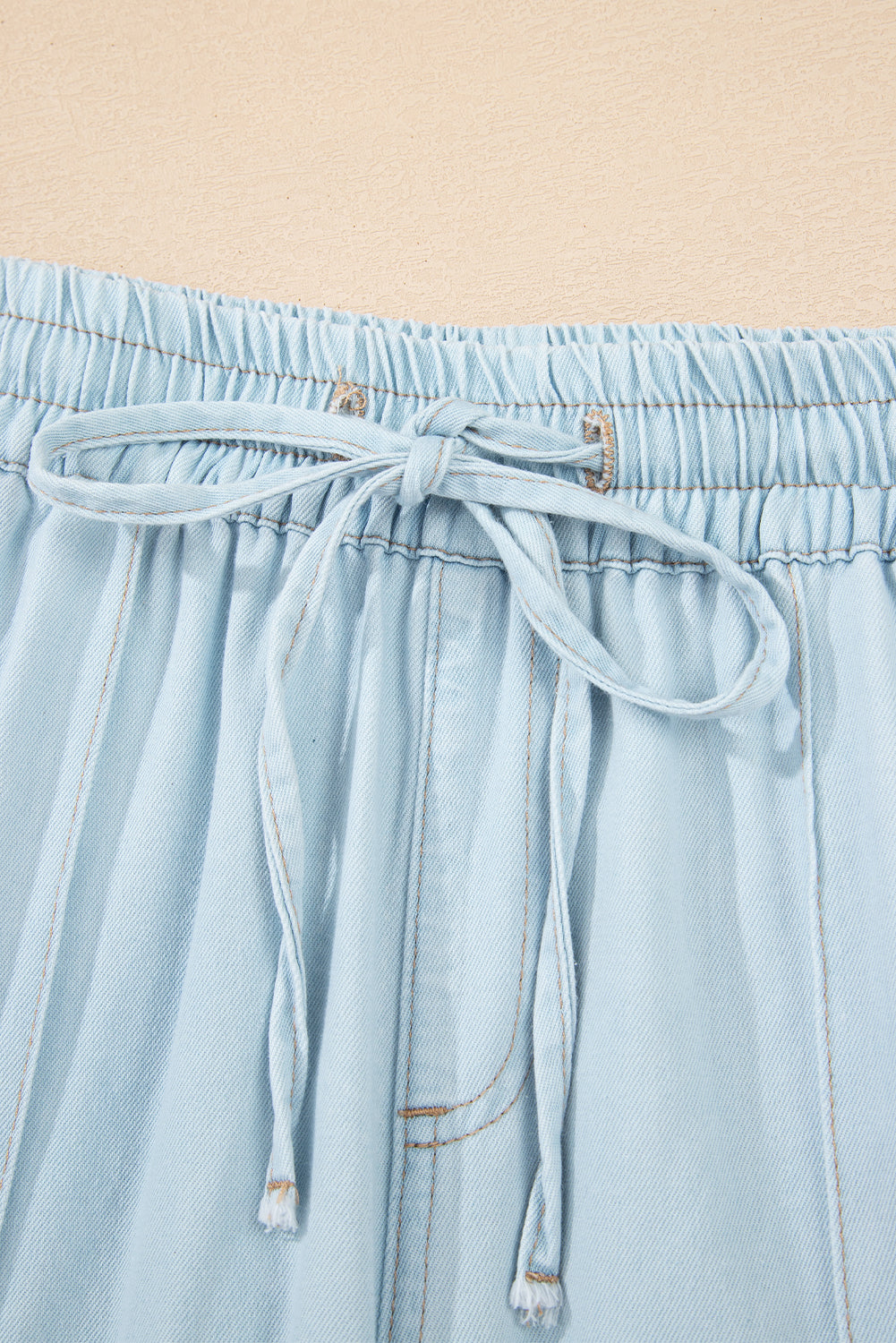 Beau Blue Light Wash Contrast Trim Center Seam Drawstring High Waist Wide Leg Denim Pants