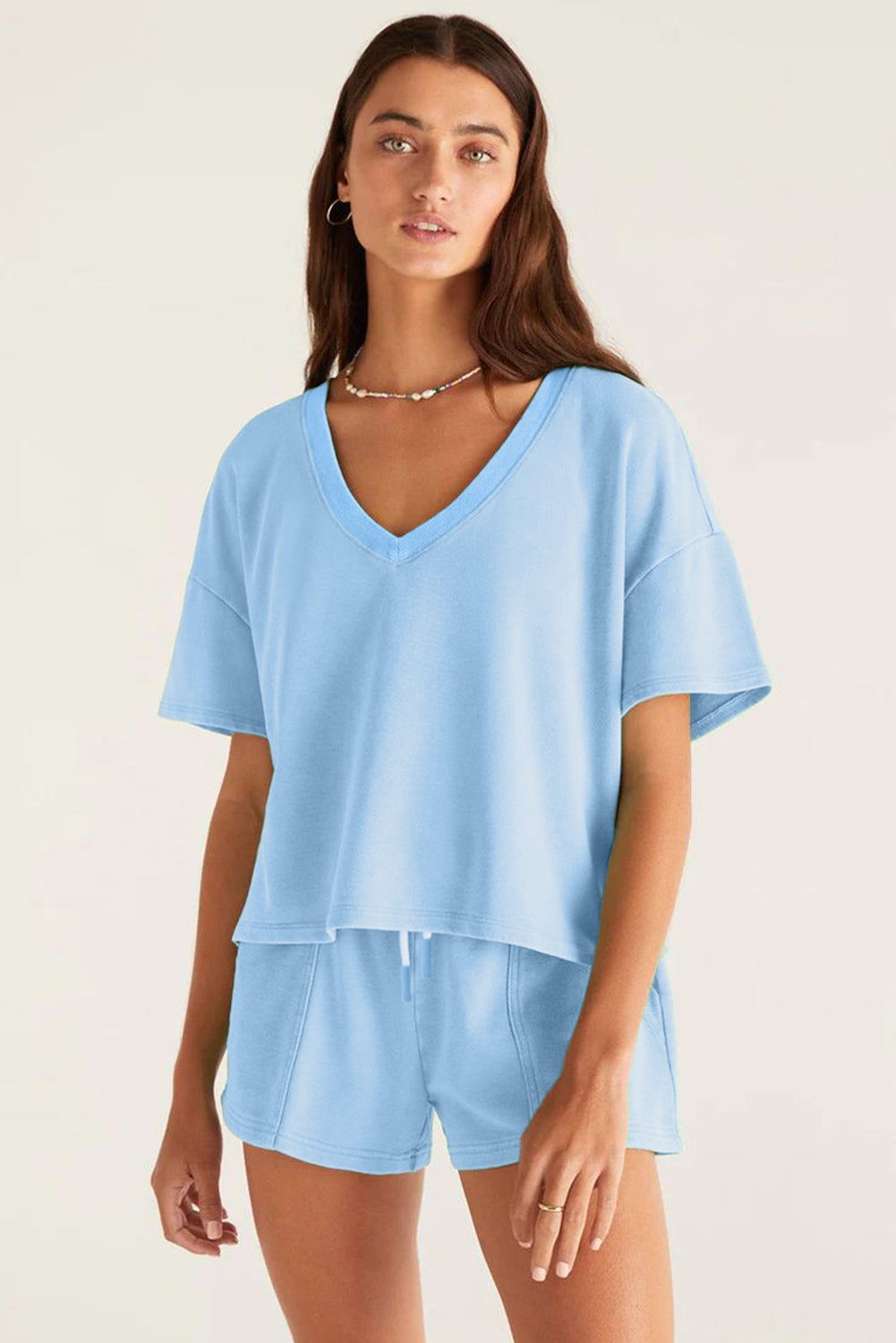 Mint Green V Neck Drop Shoulder Tee and Patchwork Drawstring Shorts Set