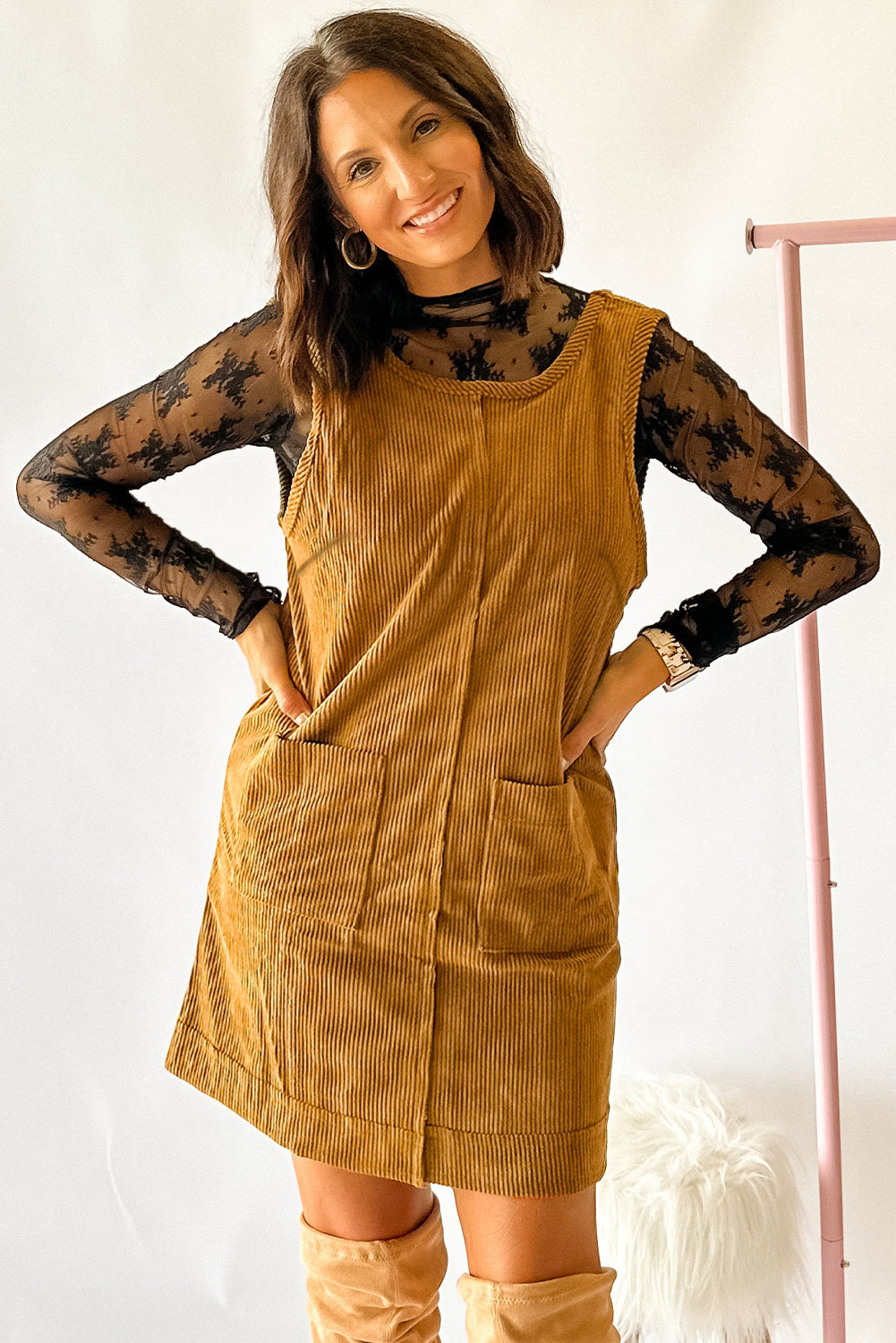Beige Corduroy Sleeveless Mini Dress With Patched Pockets