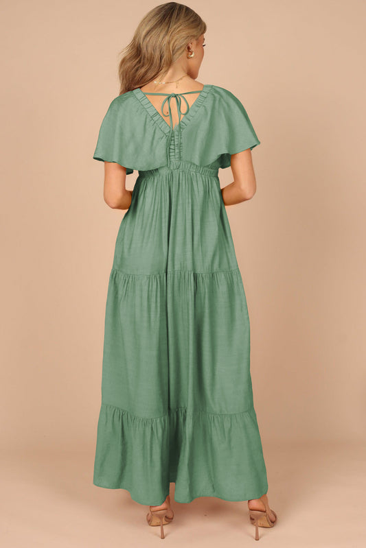 Textured V Neck Flutter Sleeve Ruffled Maxi Dress