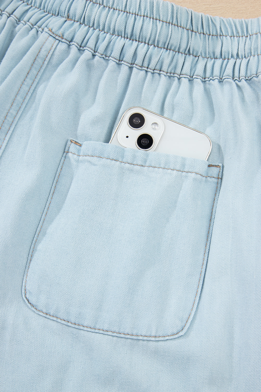 Beau Blue Light Wash Contrast Trim Center Seam Drawstring High Waist Wide Leg Denim Pants