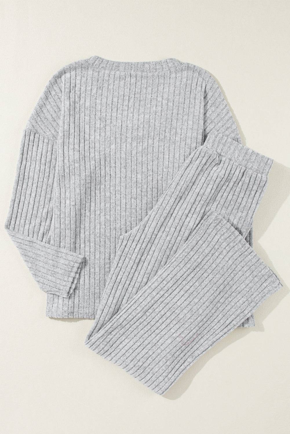 Light Grey Ribbed Knit V Neck Slouchy 2pc Outfit