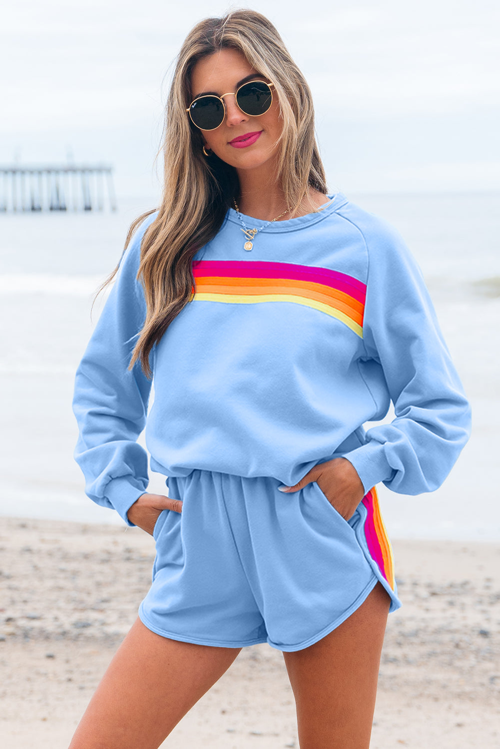 Black Striped Accent Pullover and Shorts Two Piece Casual Set