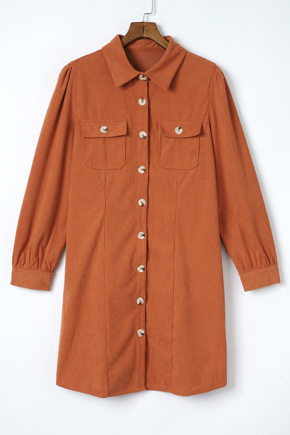 Khaki Corduroy Buttoned Long Sleeve Shirt Dress