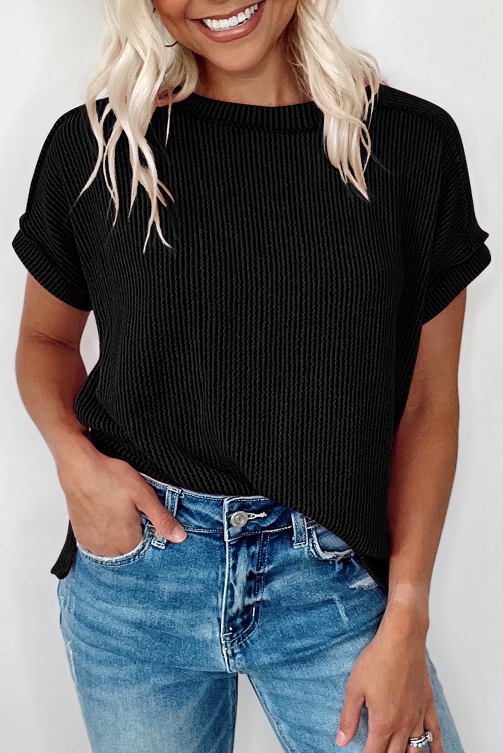 White Textured Knit Exposed Stitching T-shirt