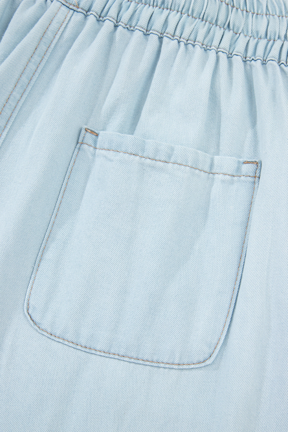 Beau Blue Light Wash Contrast Trim Center Seam Drawstring High Waist Wide Leg Denim Pants