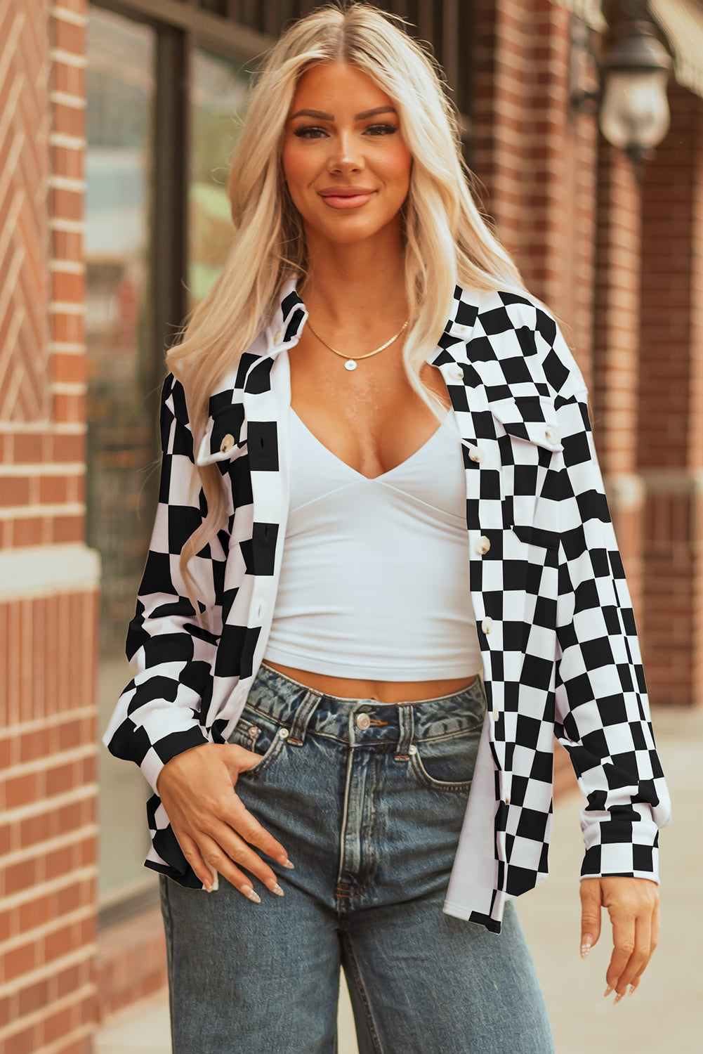 Green Checkerboard Flap Pocket Button Front Shacket