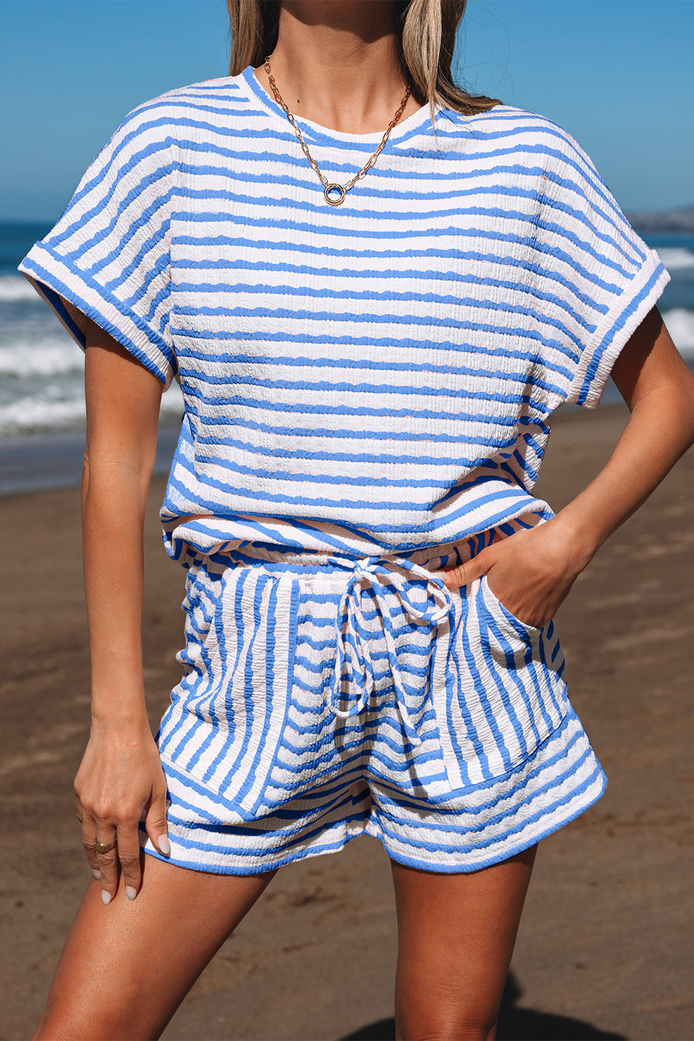 Black Stripe Knitted Short Sleeve Top and Drawstring Shorts Set