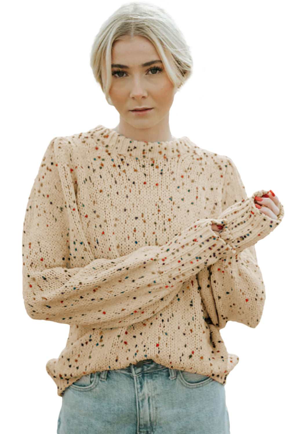 Beige Colorful Confetti Dots Cable Knit Crew Neck Sweater