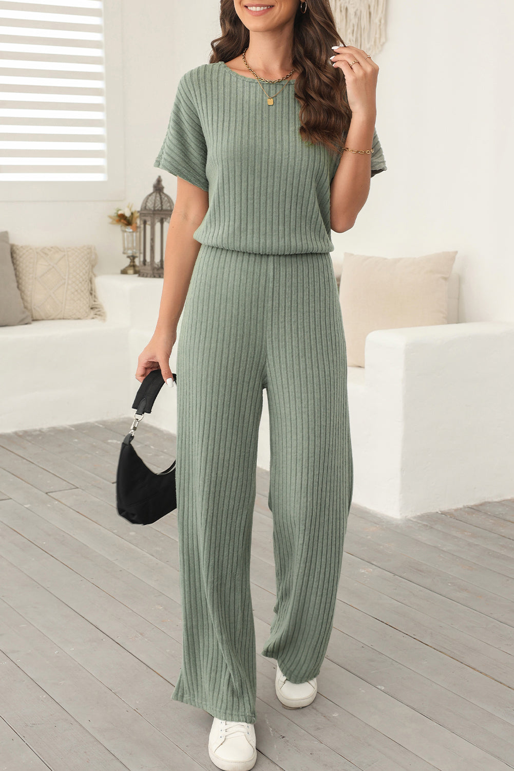 Black Ribbed Keyhole Short Sleeve Wide Leg Jumpsuit