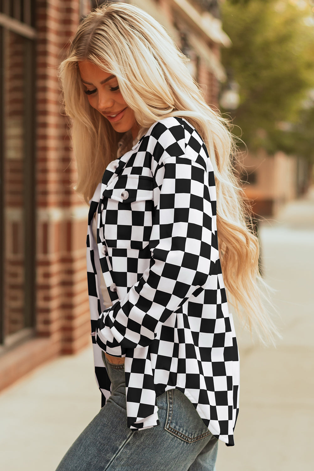 Green Checkerboard Flap Pocket Button Front Shacket