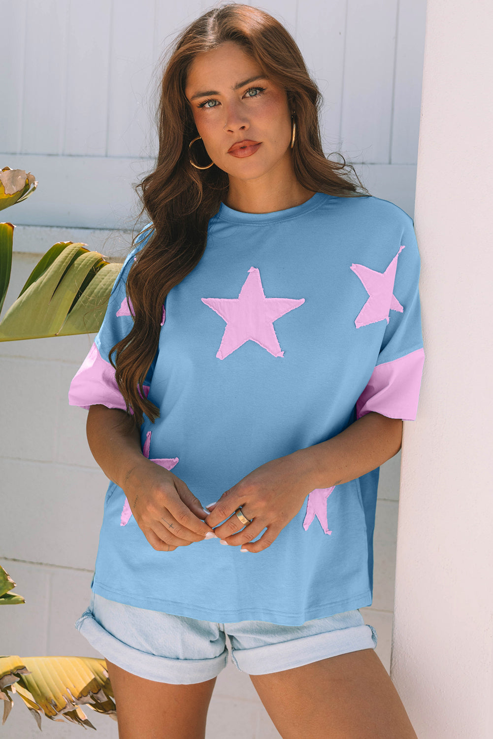 Aruba Blue Frayed Denim Star Patched Oversize T Shirt