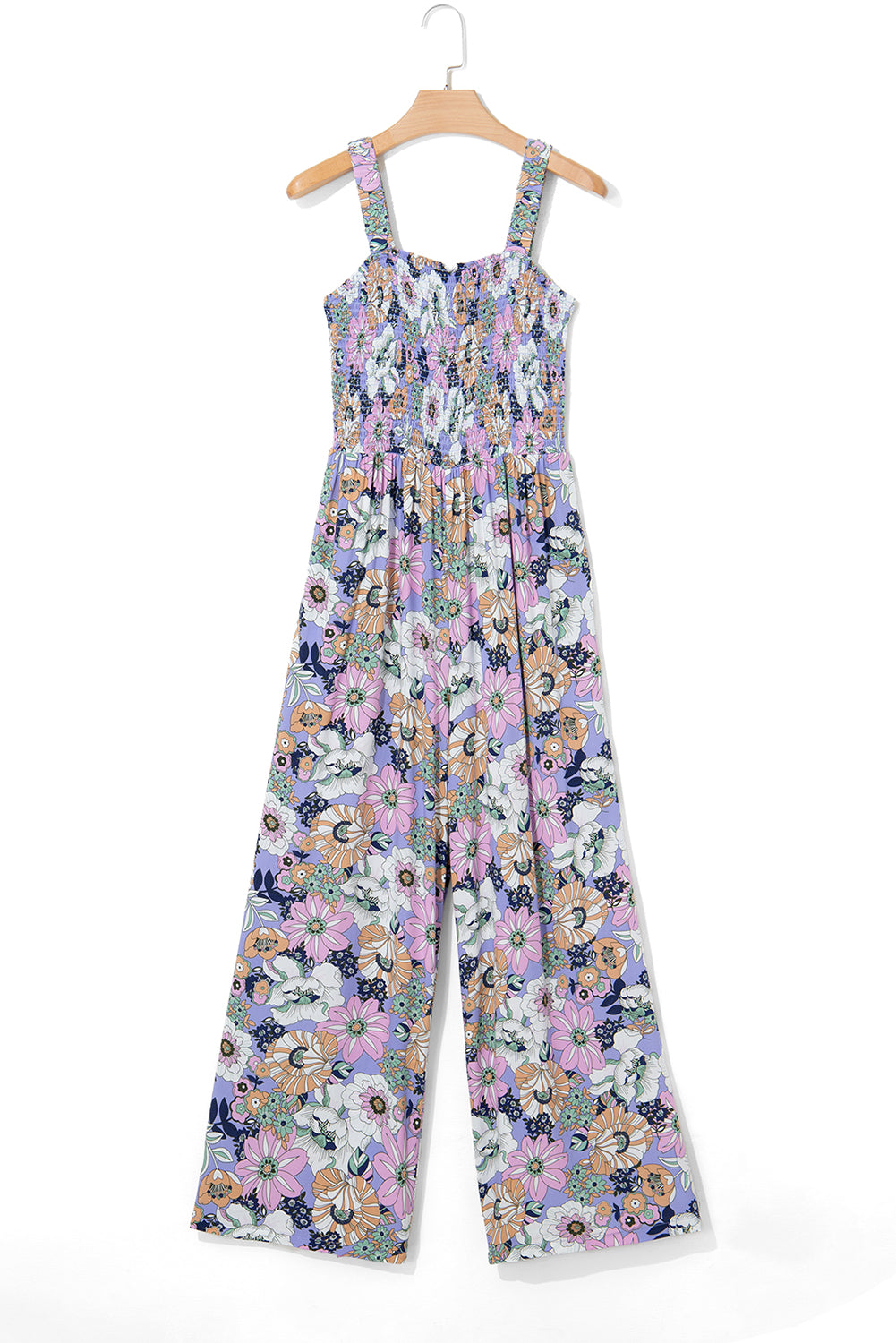 Green Floral Print Smocked High Waist Square Neck Jumpsuit