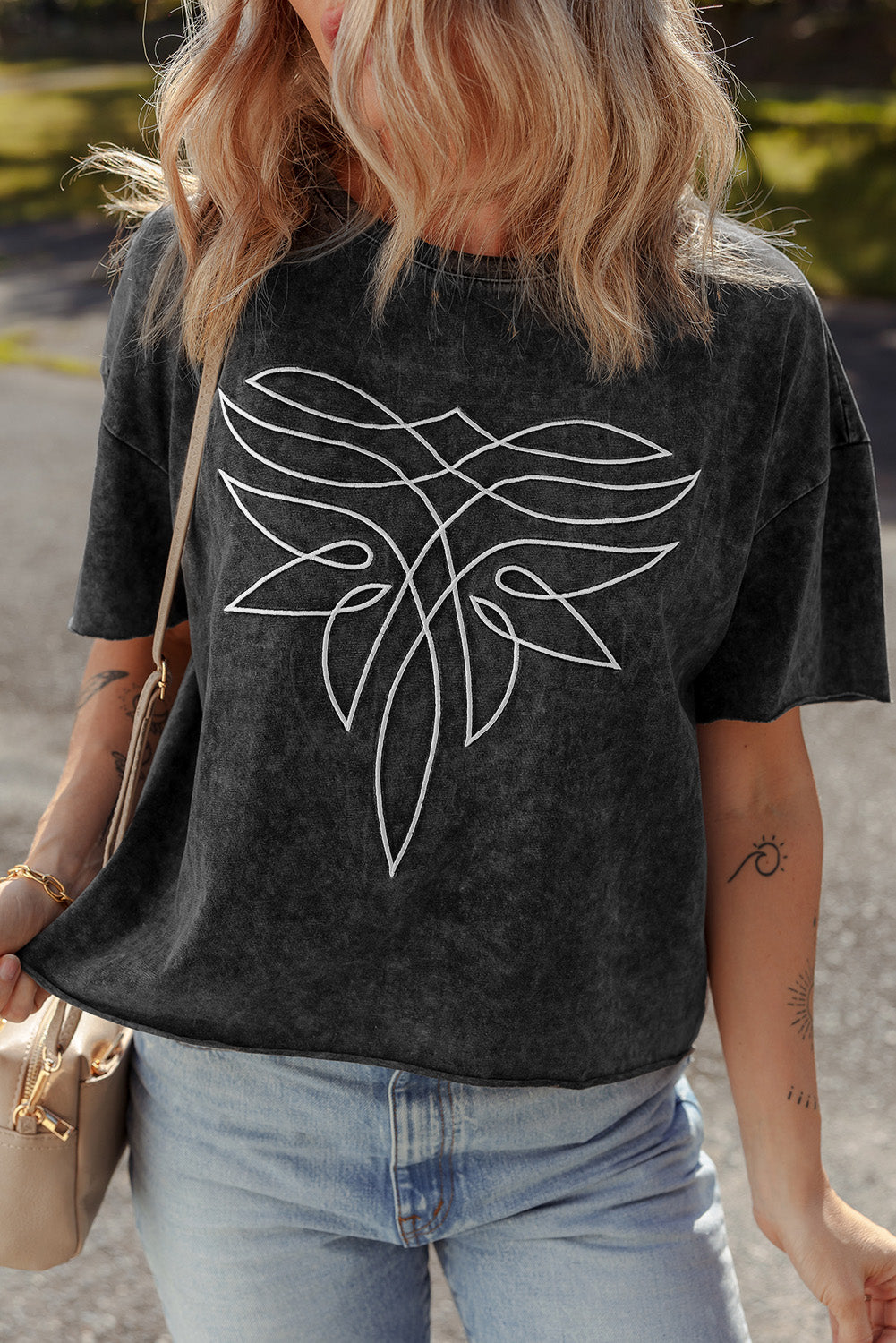 Black Floral Embroidered Mineral Wash Crew Neck T Shirt
