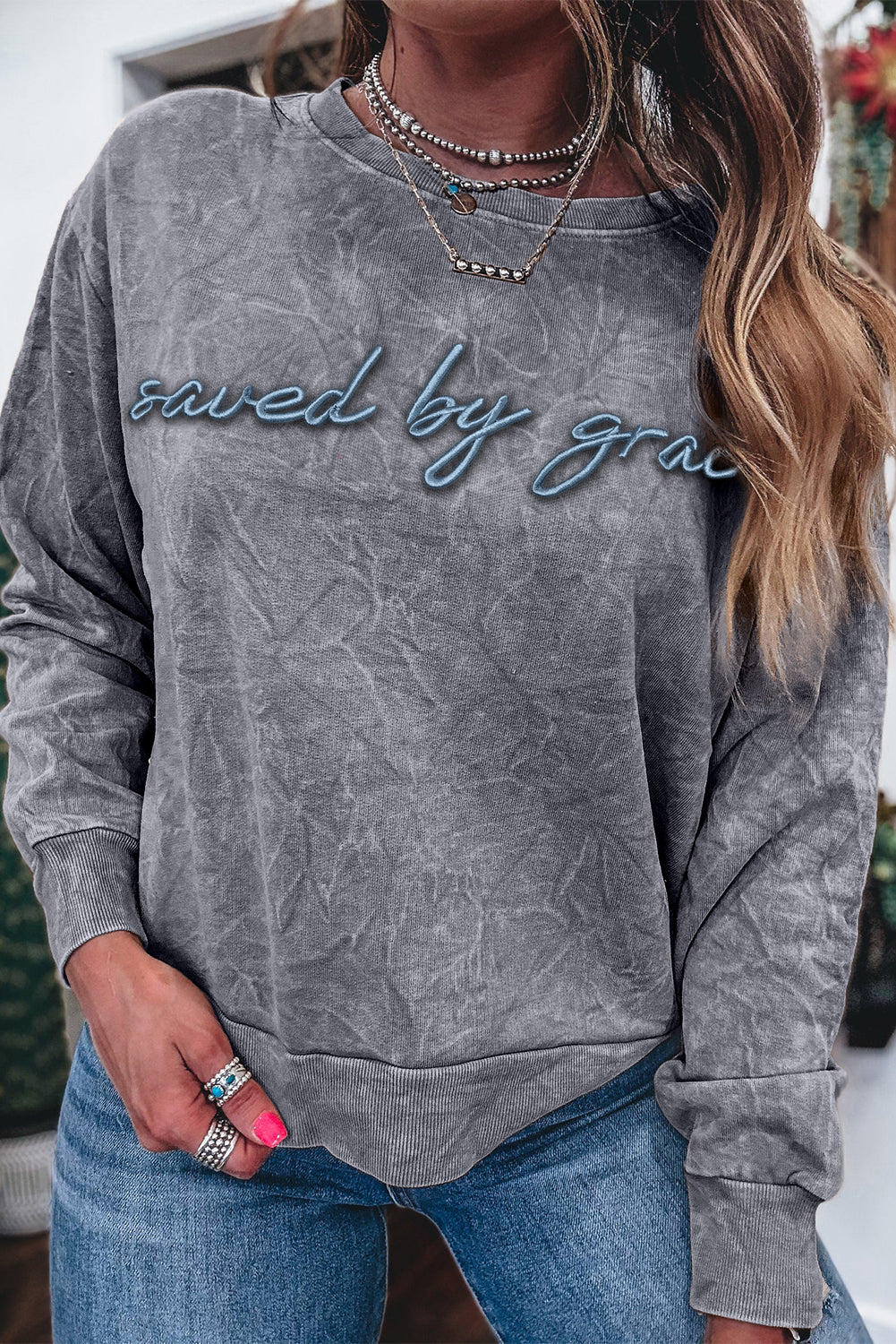 Sea Green saved by grace Letter Embroidery Mineral Wash Loose Sweatshirt