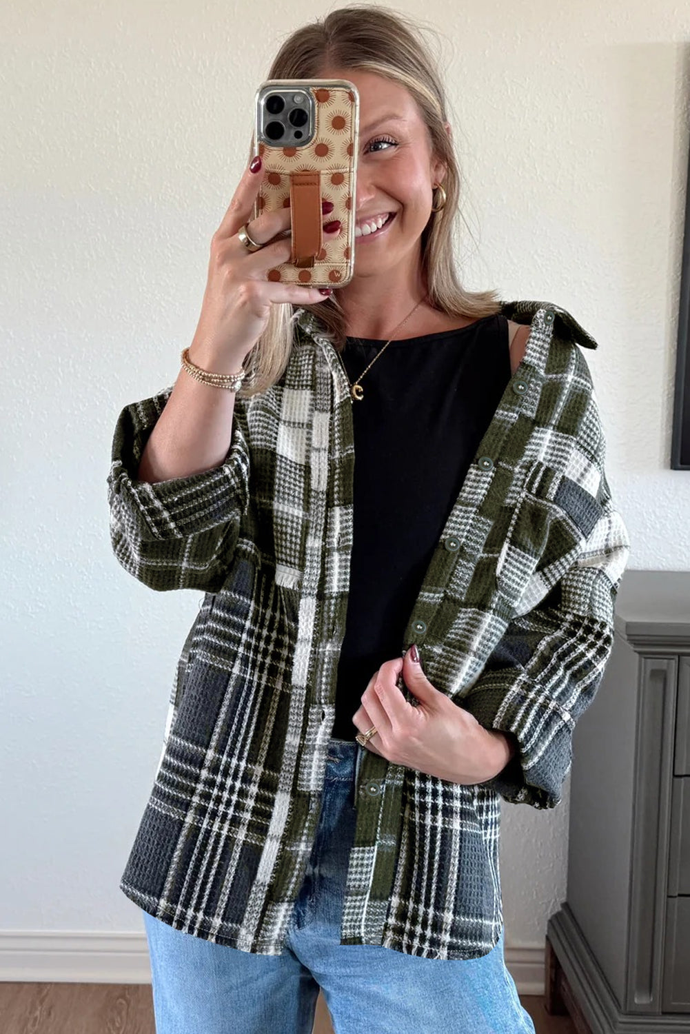 Black Plaid Print Textured Knit Buttoned Shacket