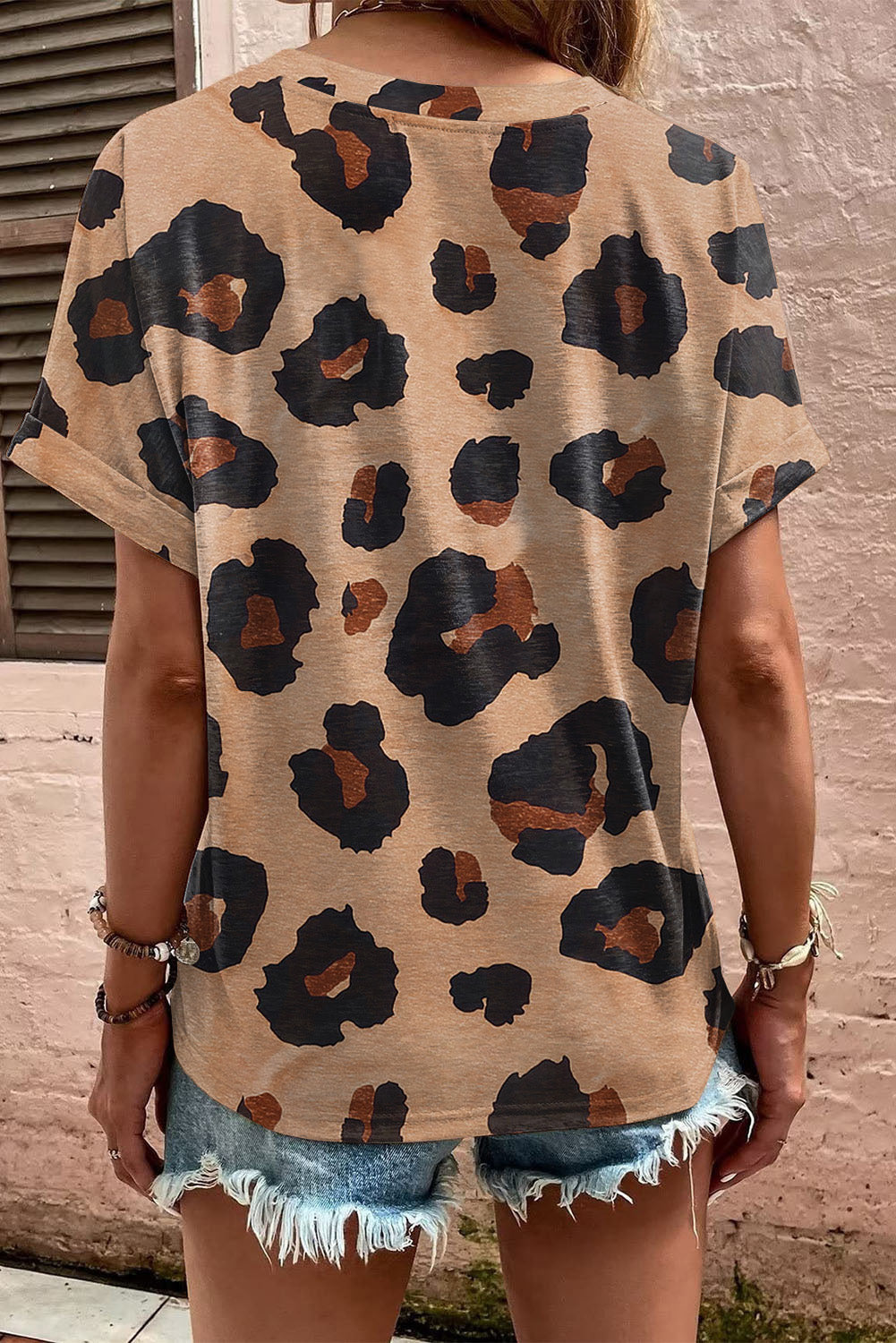 Leopard Folded Short Sleeve Buttoned V Neck Blouse