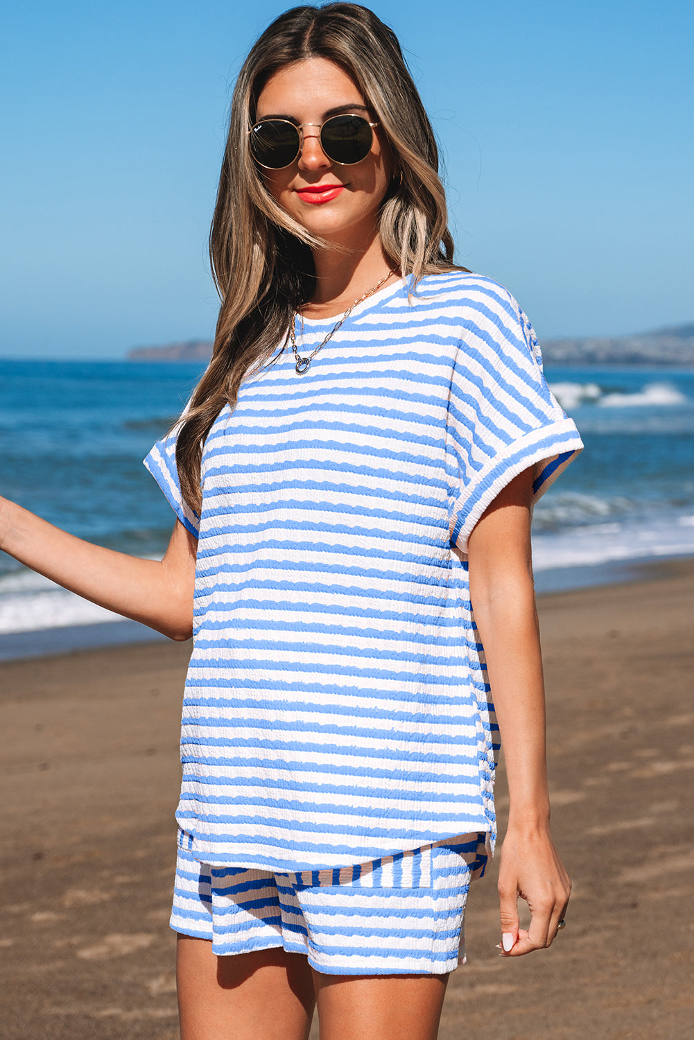 Black Stripe Knitted Short Sleeve Top and Drawstring Shorts Set