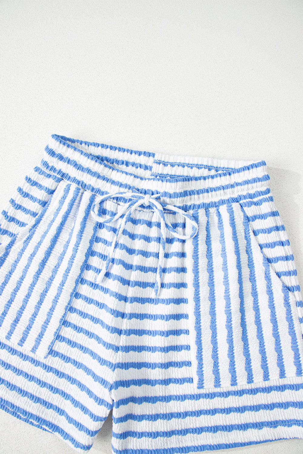 Black Stripe Knitted Short Sleeve Top and Drawstring Shorts Set