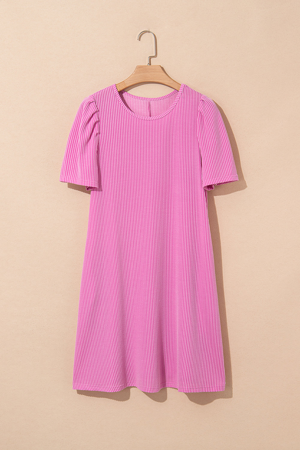 Parchment Corded Knit Crew Neck Puff Sleeve Shift Mini Dress