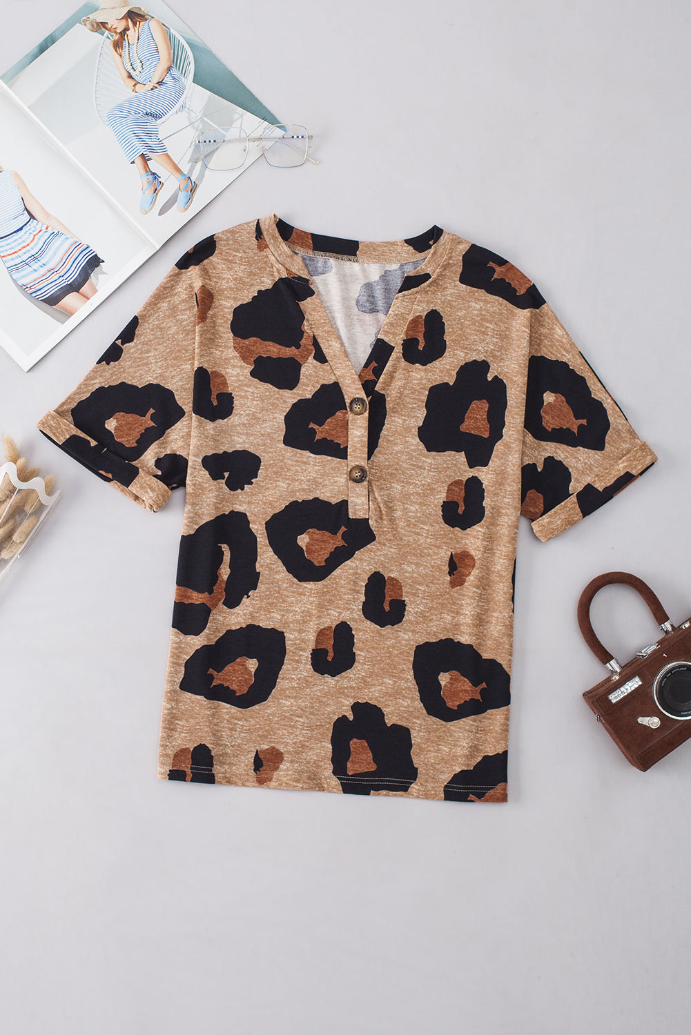 Leopard Folded Short Sleeve Buttoned V Neck Blouse