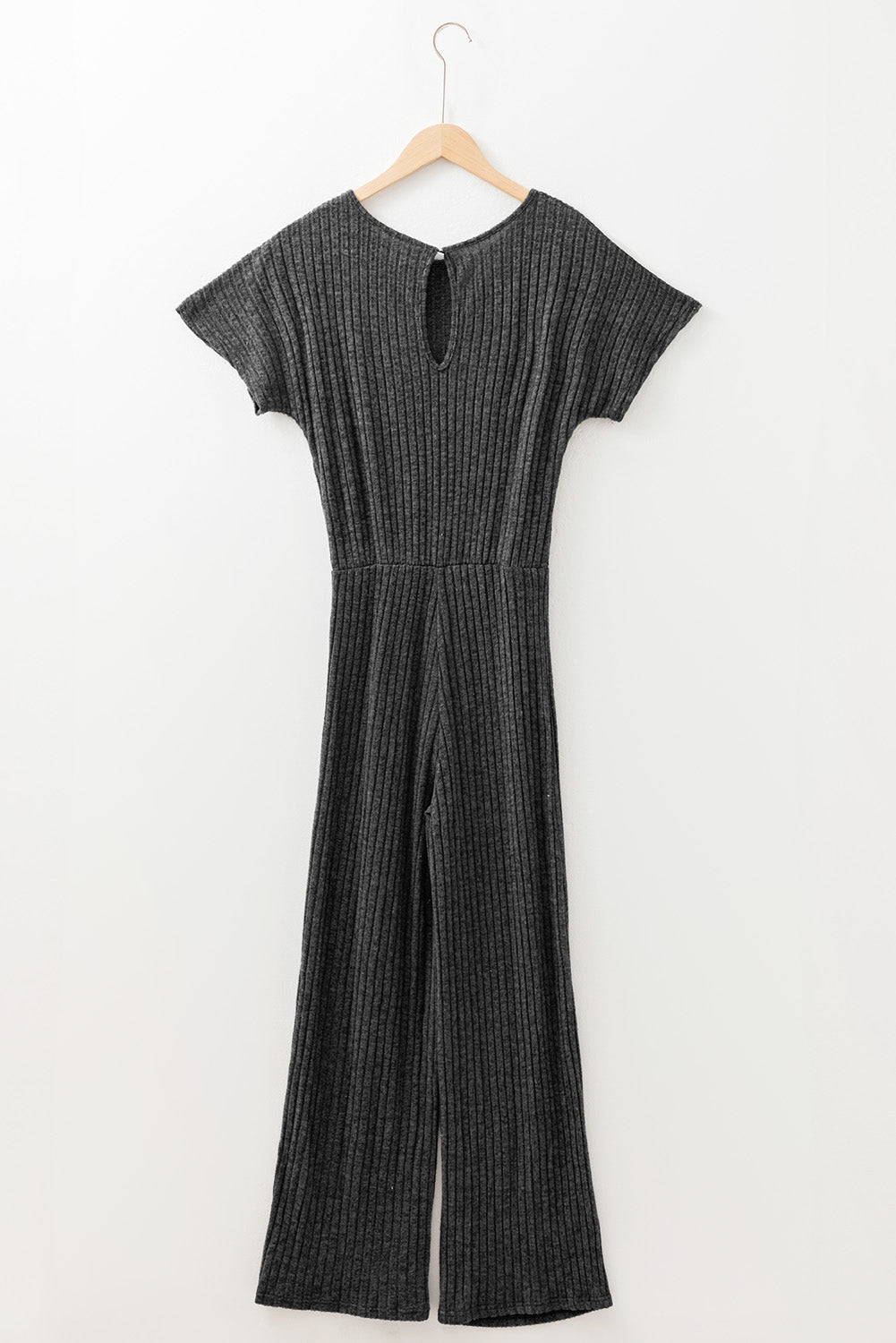 Black Ribbed Keyhole Short Sleeve Wide Leg Jumpsuit