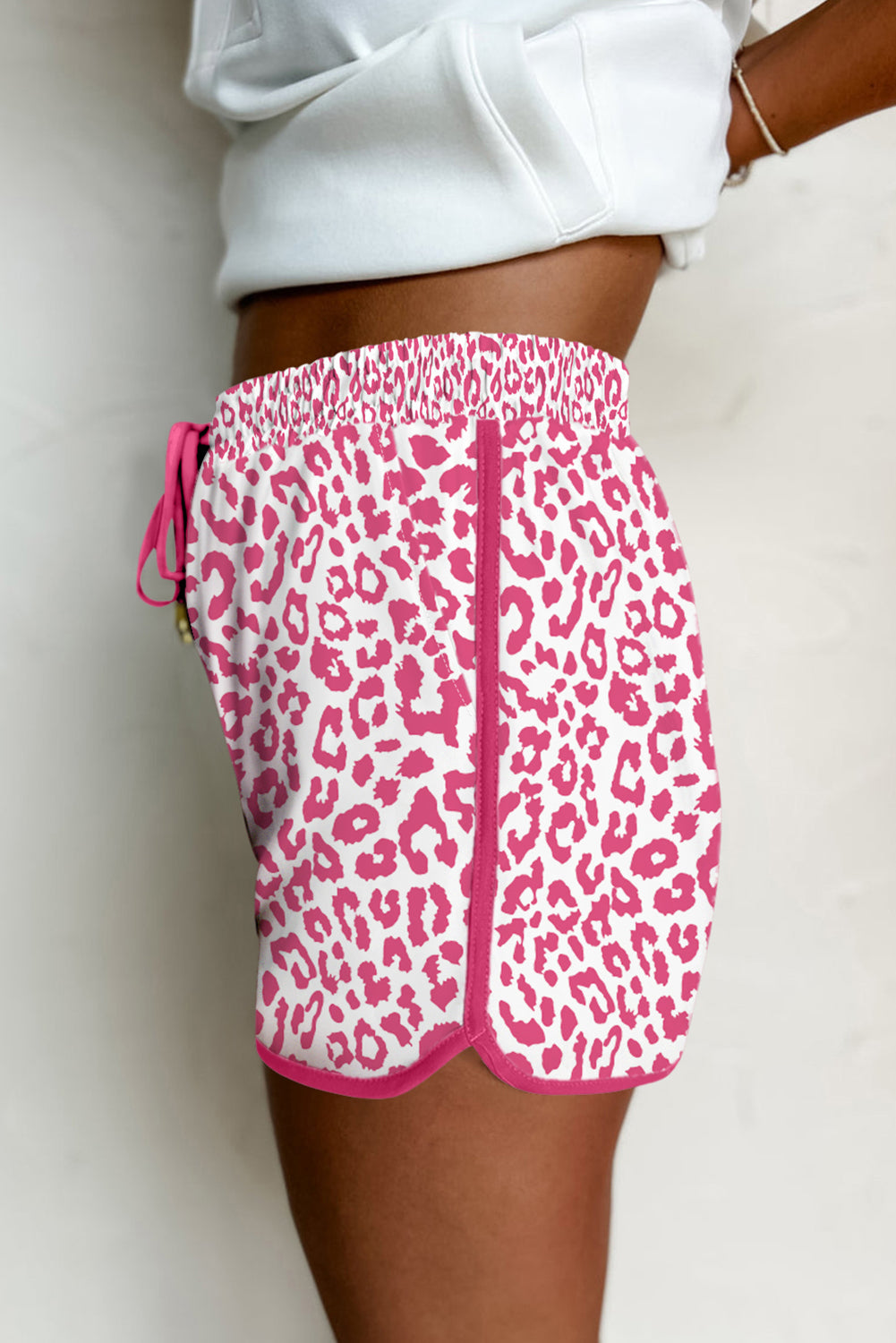 Blue Leopard Elastic Waist Lace up Contrast Trim Casual Shorts