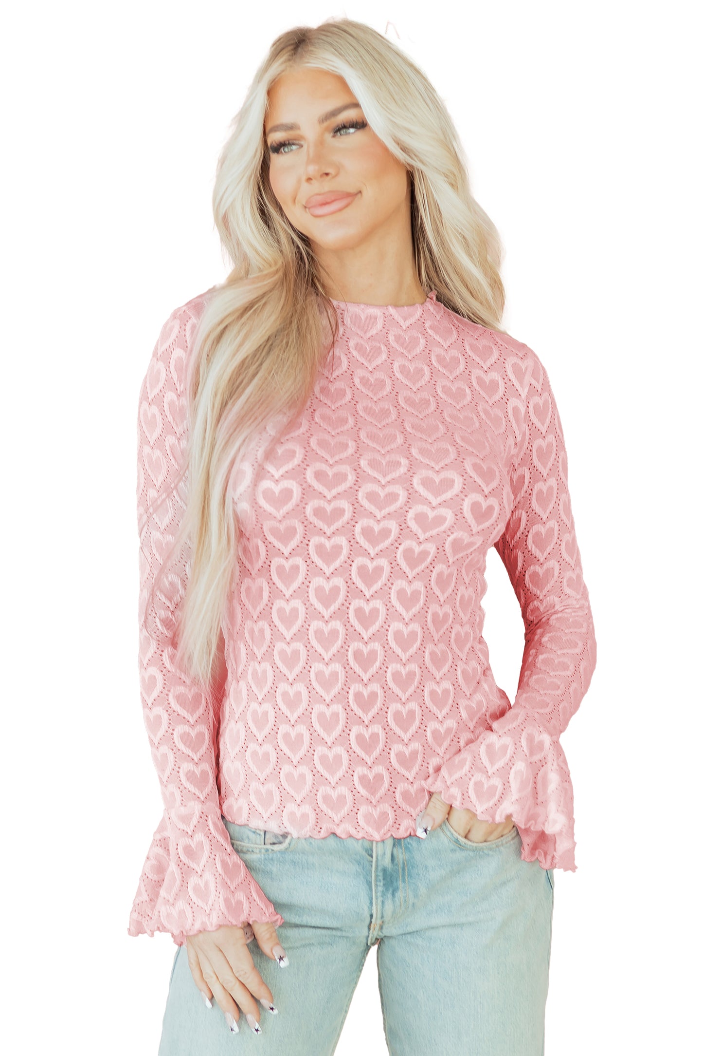 Gossamer Pink Heart Jacquard Flare Sleeve Mock Neck Fitted Top