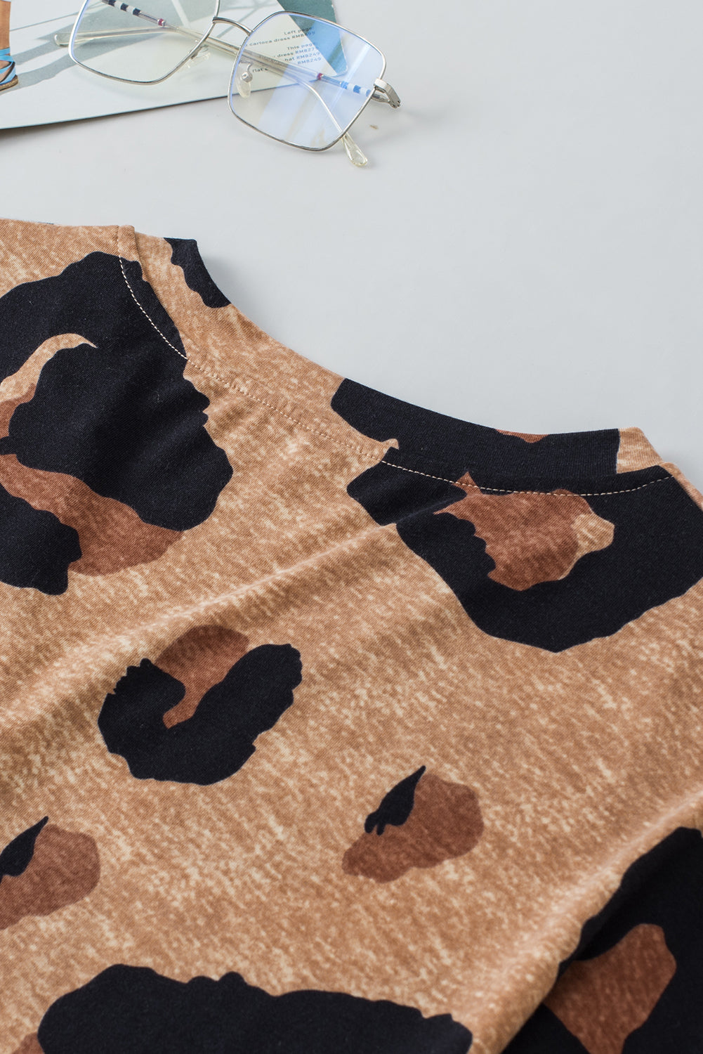 Leopard Folded Short Sleeve Buttoned V Neck Blouse