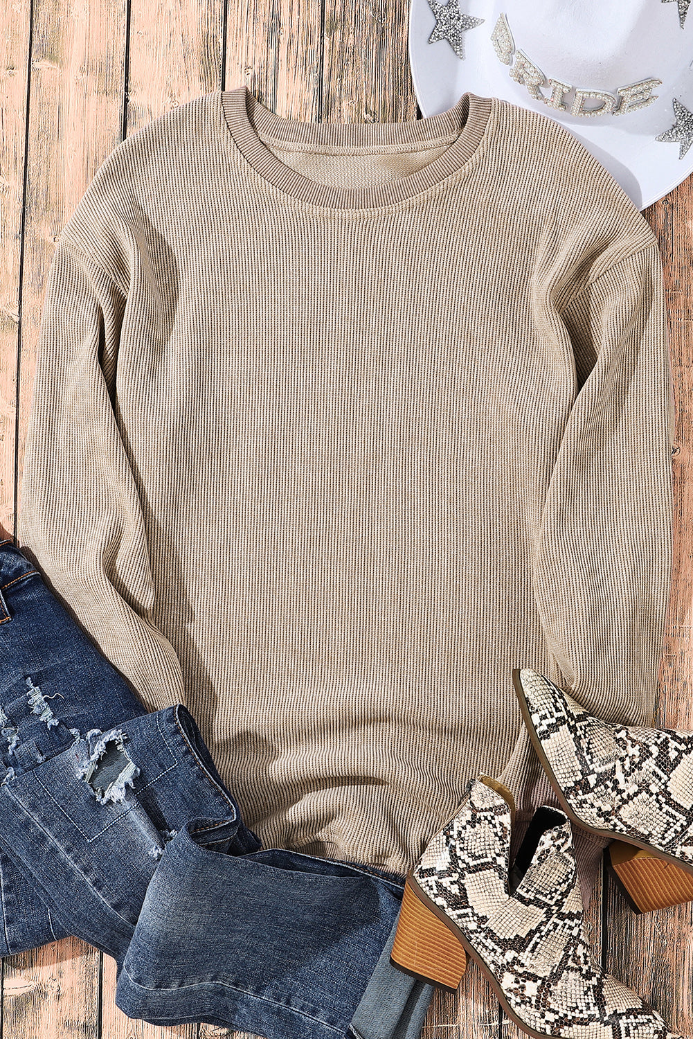 Khaki Ribbed Knit Round Neck Pullover Sweatshirt
