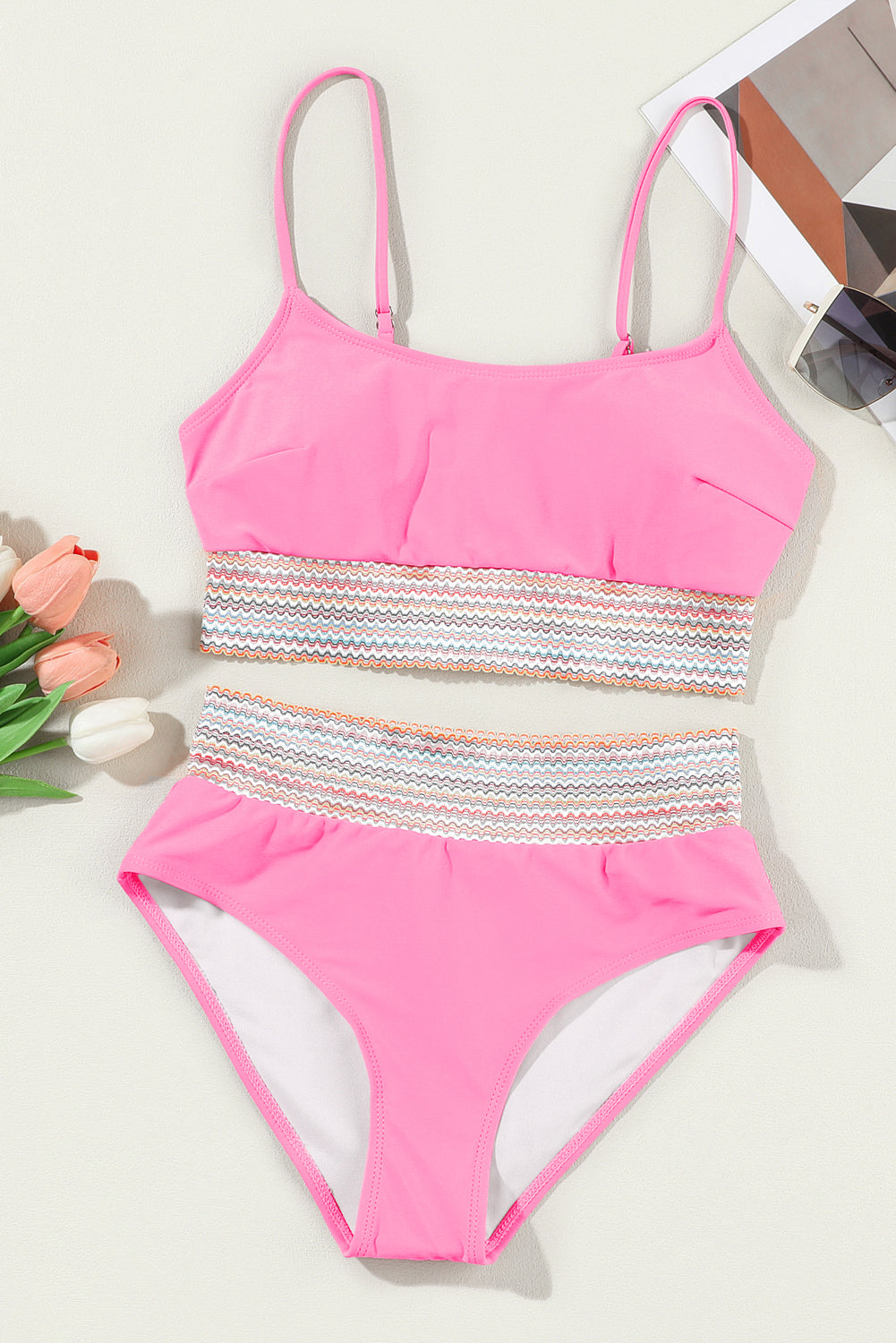 Green Striped Patchwork Spaghetti Strap High Waist Bikini Swimsuit
