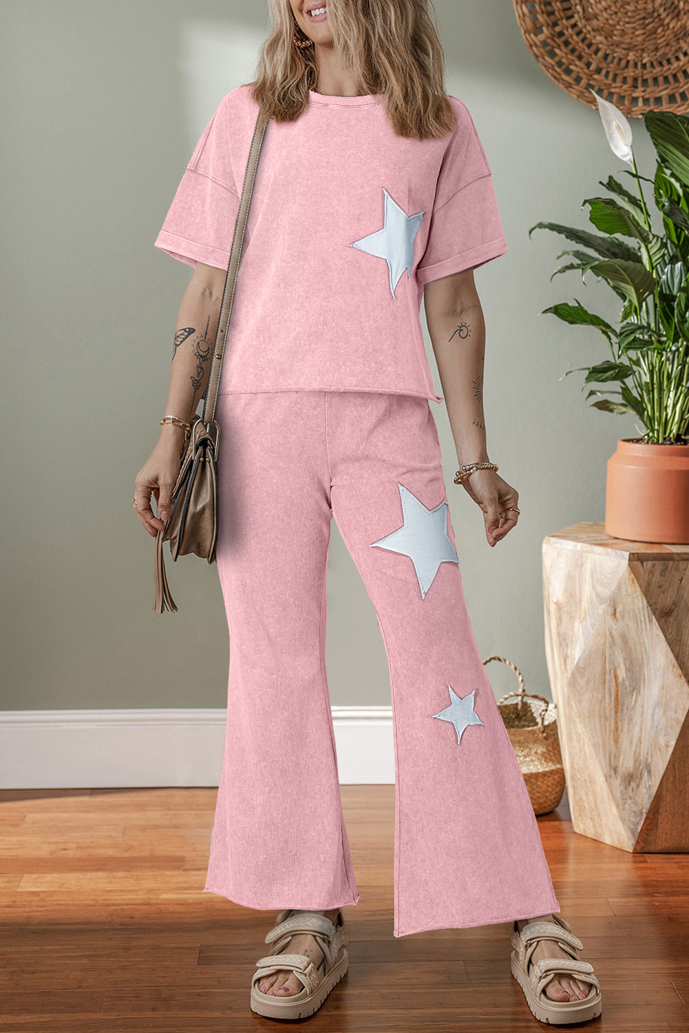 Ashleigh Blue Acid Wash Star Patched Rolled Trim Pants Set