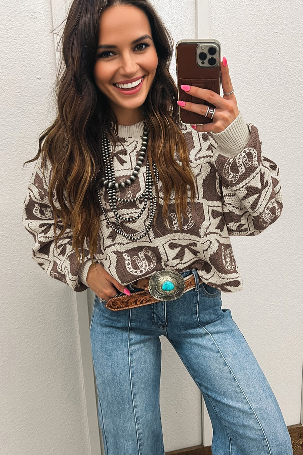 Black Bows & Horseshoes Pattern Western Fashion Print Sweater