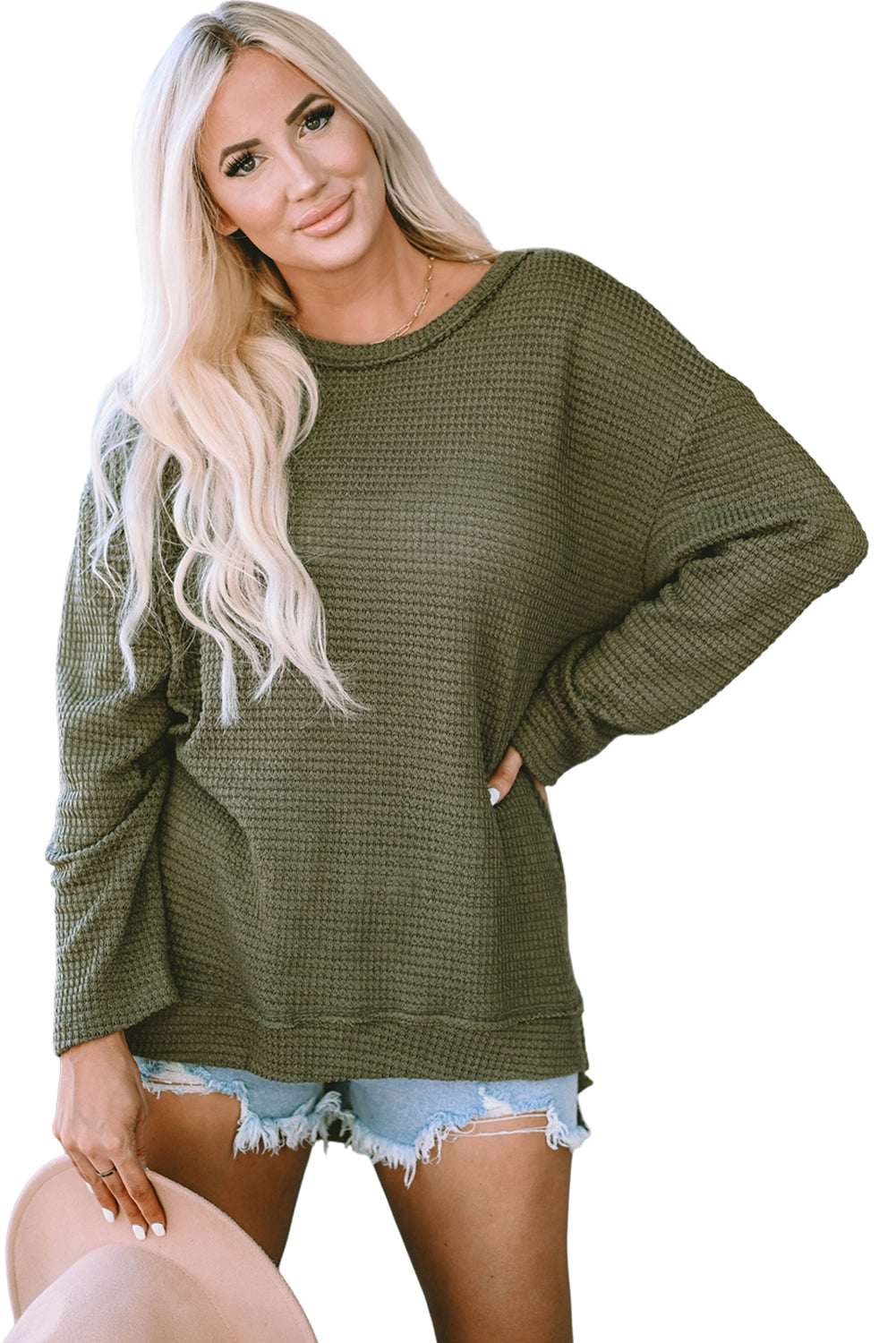 Gray Waffle Knit High Slits Oversized Top