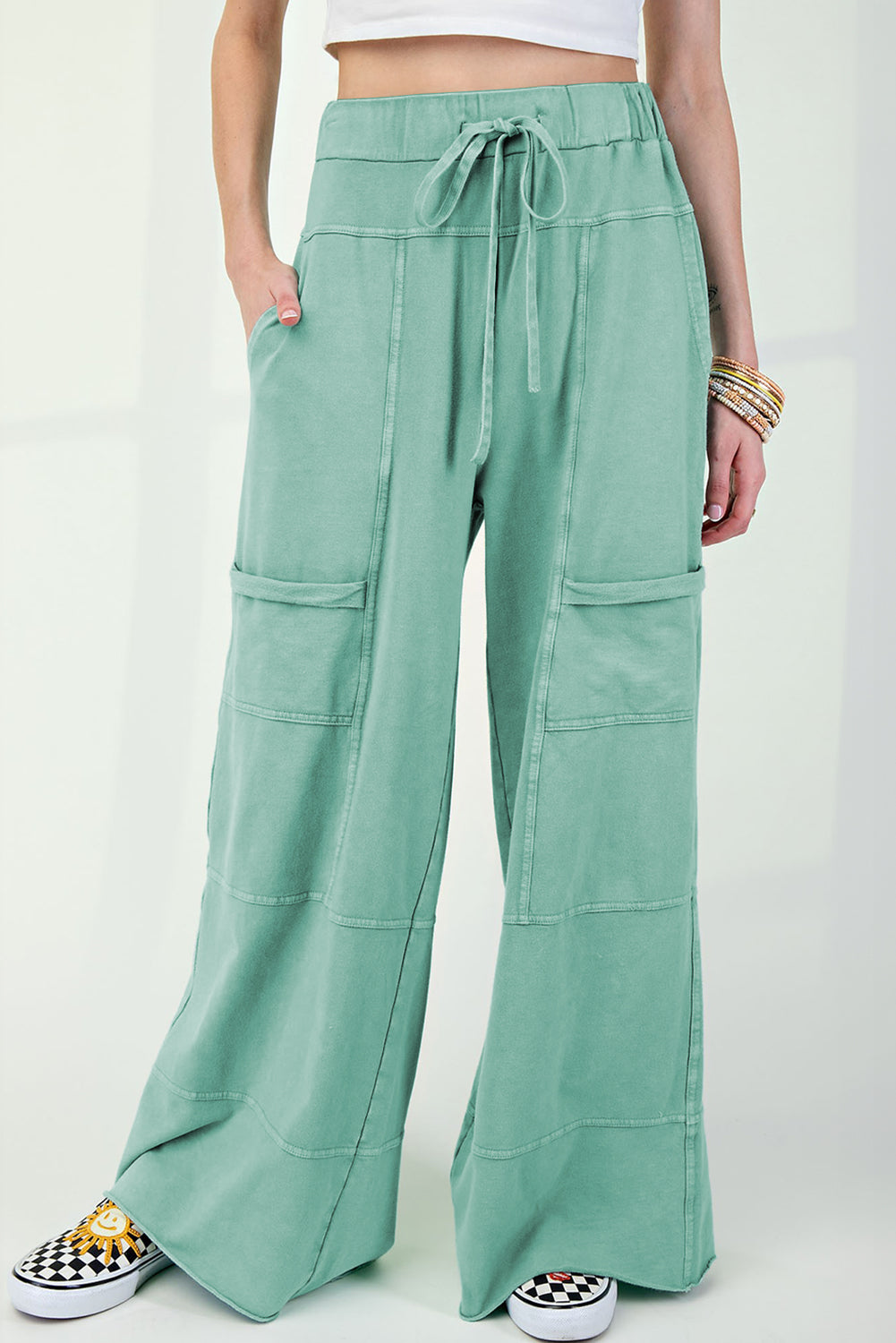 Black Mineral Wash Exposed Seam Drawstring High Waist Wide Leg Cargo Pants