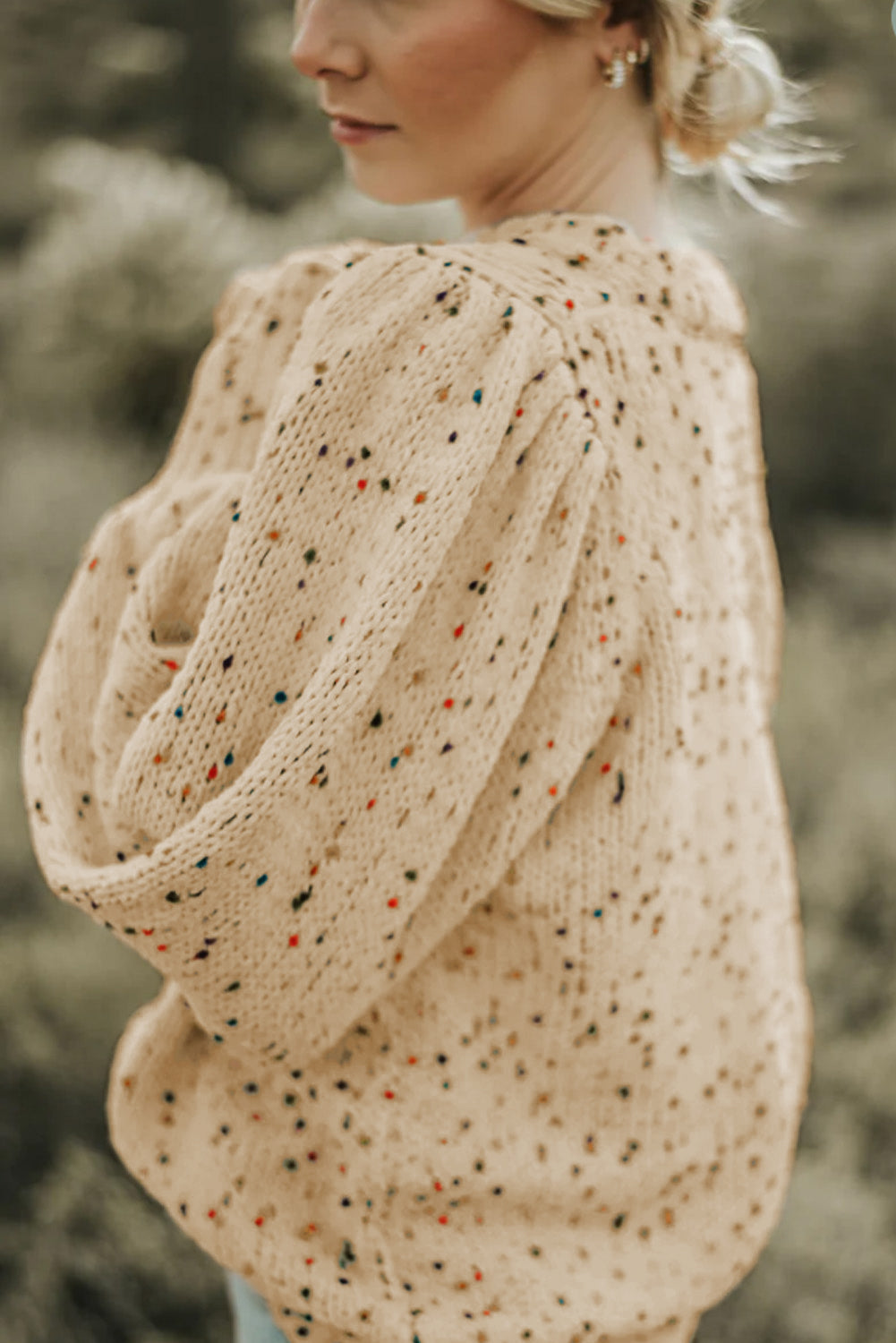 Beige Colorful Confetti Dots Cable Knit Crew Neck Sweater