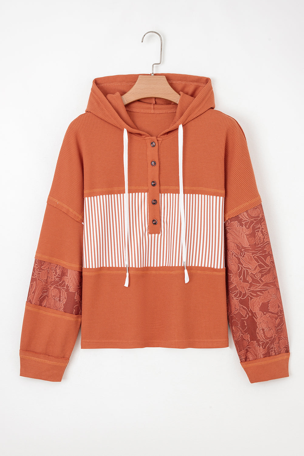 White Waffle Printed Patchwork Drawstring Hooded Long Sleeve Top