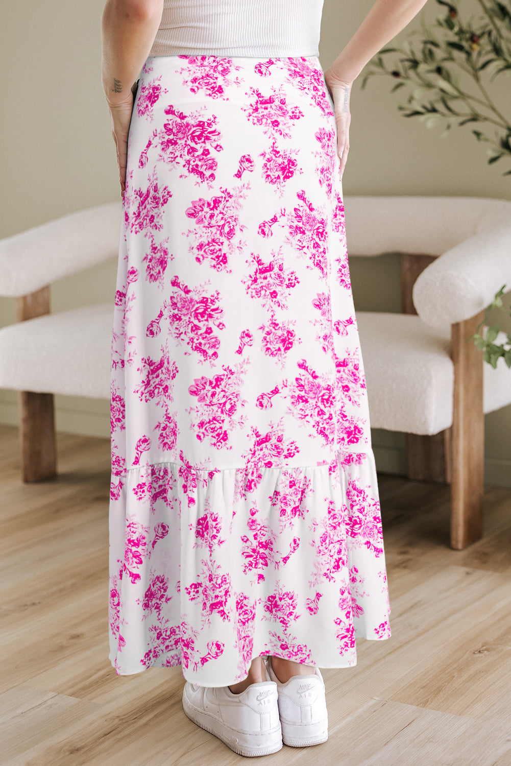 Black Boho Floral High Waist Ruffle Split Maxi Skirt
